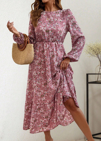 Розовое праздничный, кэжуал платье клеш SHEIN с цветочным принтом