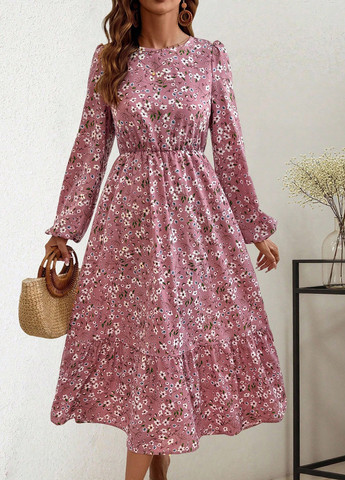 Розовое праздничный, кэжуал платье клеш SHEIN с цветочным принтом