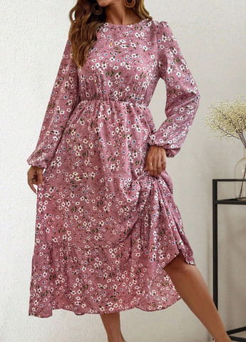 Розовое праздничный, кэжуал платье клеш SHEIN с цветочным принтом