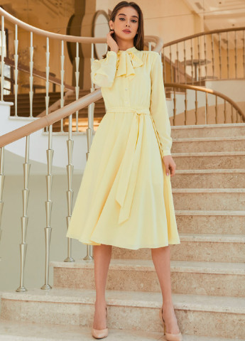 Лимонное кэжуал воздушное платье с бантом лимонного цвета с юбкой-солнце SL.IRA однотонное