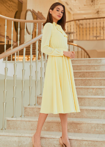 Лимонное кэжуал воздушное платье с бантом лимонного цвета с юбкой-солнце SL.IRA однотонное