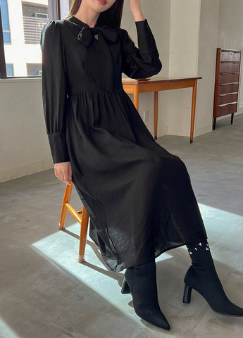 Черное деловое, кэжуал платье рубашка, клеш SHEIN однотонное