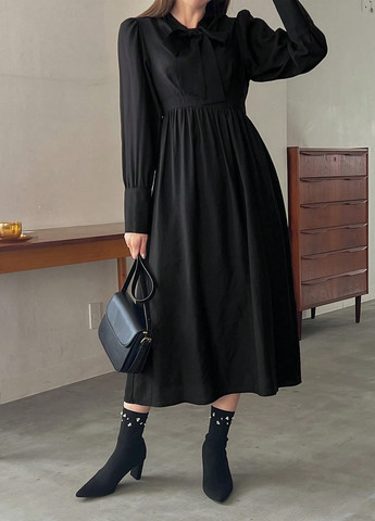 Черное деловое, кэжуал платье рубашка, клеш SHEIN однотонное