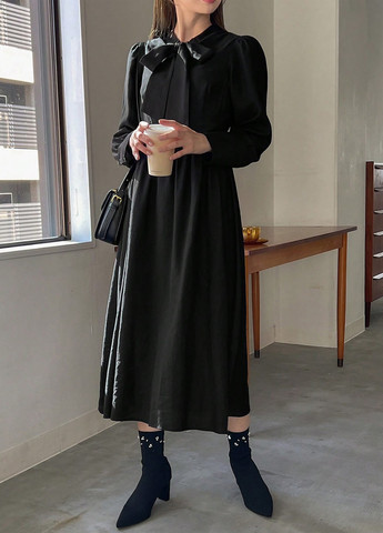 Черное деловое, кэжуал платье рубашка, клеш SHEIN однотонное