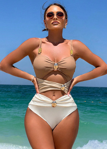 Комбинированный летний купальник слитный, монокини SHEIN