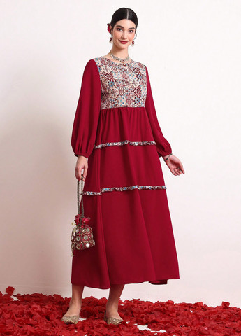 Темно-червона кежуал сукня SHEIN колор блок