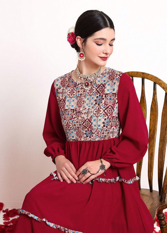 Темно-червона кежуал сукня SHEIN колор блок