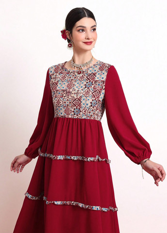 Темно-червона кежуал сукня SHEIN колор блок