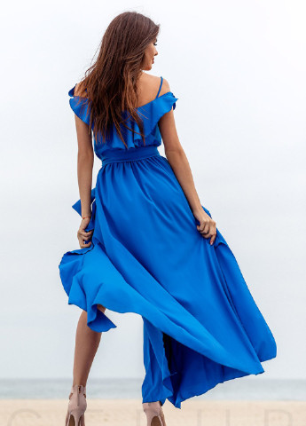 Синее коктейльное длинное платье с воланом Gepur однотонное