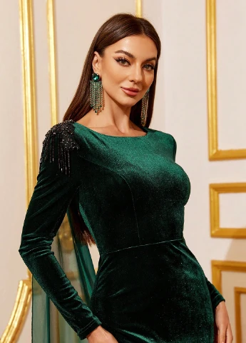 Темно-зелена вечірня сукня силуетна, годе, зі шлейфом SHEIN однотонна