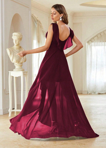 Вишнева святковий, вечірня сукня на запах, кльош, з відкритою спиною SHEIN однотонна