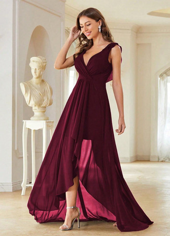 Вишнева святковий, вечірня сукня на запах, кльош, з відкритою спиною SHEIN однотонна