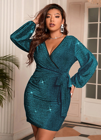 Бирюзовое вечернее, праздничный платье на запах SHEIN однотонное