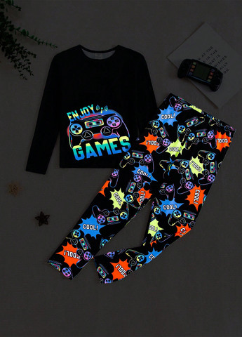 Чорна всесезон пижама (лонгслів, штани) лонгслів + брюки SHEIN