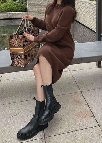 Кофейное кэжуал платье платье-свитер SHEIN однотонное