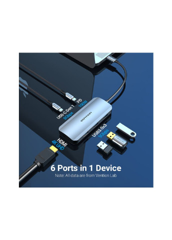 Концентратор USB3.1 Type-C --> HDMI/USB-C Gen 1/USB 3.0x3/PD 100W Hub 6-i (TOFHB) Vention (250125896)