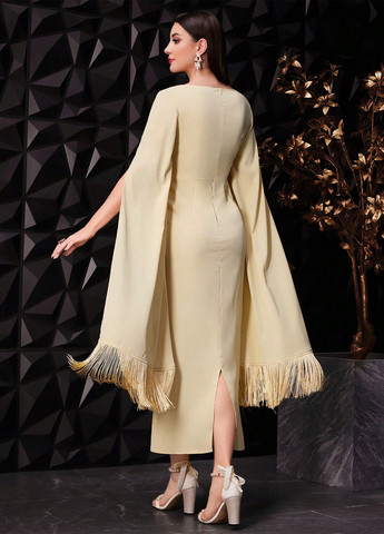 Кремова ділова, вечірня сукня футляр, сукня-кейп SHEIN однотонна