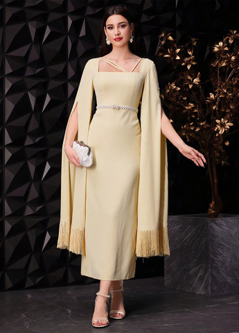 Кремова ділова, вечірня сукня футляр, сукня-кейп SHEIN однотонна