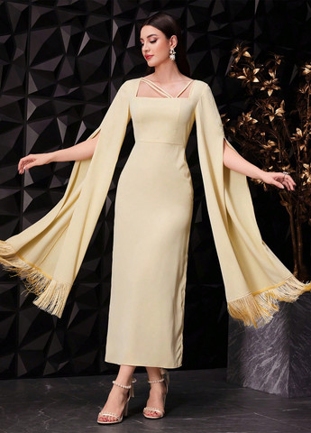 Кремова ділова, вечірня сукня футляр, сукня-кейп SHEIN однотонна