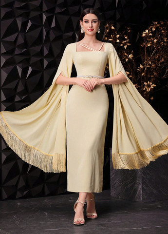 Кремова ділова, вечірня сукня футляр, сукня-кейп SHEIN однотонна