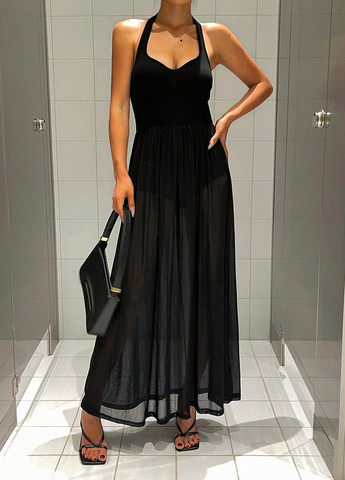 Чорна кежуал сукня кльош, з відкритою спиною SHEIN однотонна