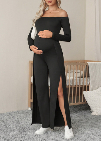 Комбінезон для вагітних SHEIN комбінезон-брюки однотонний чорний кежуал поліестер, трикотаж