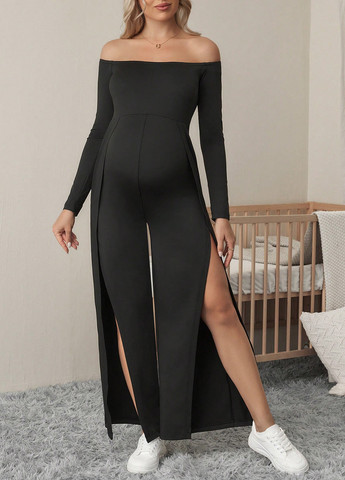 Комбінезон для вагітних SHEIN комбінезон-брюки однотонний чорний кежуал поліестер, трикотаж