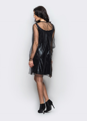 Чорна вечірня сукня з фатіну з паєтками з розрізом ззаду чорна Dressa однотонна