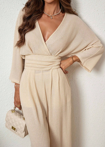 Комбінезон SHEIN комбінезон-брюки однотонний світло-бежевий кежуал поліестер, вафельний