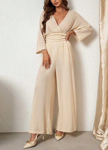 Комбінезон SHEIN комбінезон-брюки однотонний світло-бежевий кежуал поліестер, вафельний