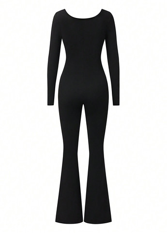 Комбинезон SHEIN комбинезон-брюки однотонный чёрный кэжуал полиэстер, трикотаж