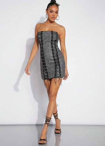 Серое кэжуал платье силуэтная, с открытой спиной SHEIN тай-дай