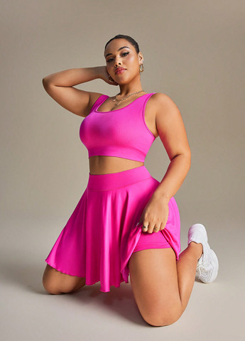 Фуксиновый летний комплект (топ, леггинсы, юбка) SHEIN
