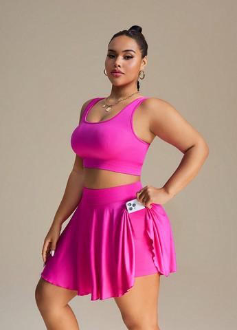 Фуксиновый летний комплект (топ, леггинсы, юбка) SHEIN