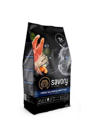 Сухий корм для довгошерстих котів зі свіжим лососем і білою рибою, 400 г Savory (231268546)