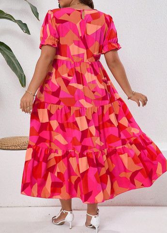 Розово-коричневое кэжуал платье с юбкой-солнце, в стиле ампир SHEIN с абстрактным узором