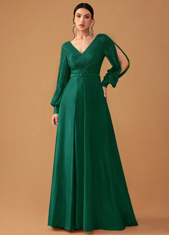 Изумрудное вечернее платье клеш, с открытой спиной SHEIN однотонное