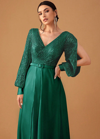 Изумрудное вечернее платье клеш, с открытой спиной SHEIN однотонное