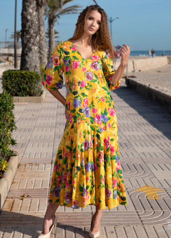 Желтое пляжное платье а-силуэт Indiano с цветочным принтом