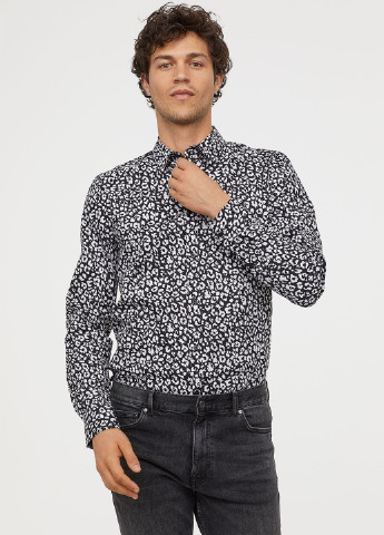 Черная кэжуал рубашка с абстрактным узором H&M с длинным рукавом