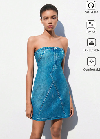 Синя кежуал сукня з відкритими плечима SHEIN з малюнком