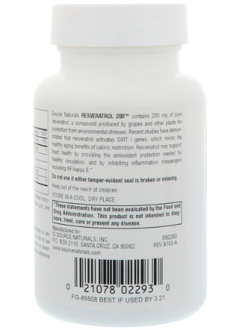 Ресвератрол, Resveratrol,, 200 мг, 60 таблеток Source Naturals (228293023)