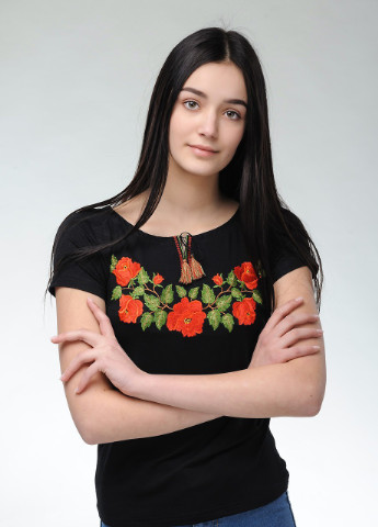 Жіноча вишита футболка Ніжність троянд чорна Melanika (250206137)