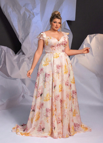 Кремова вечірня сукня а-силует SHEIN з квітковим принтом