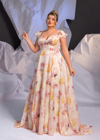 Кремова вечірня сукня а-силует SHEIN з квітковим принтом