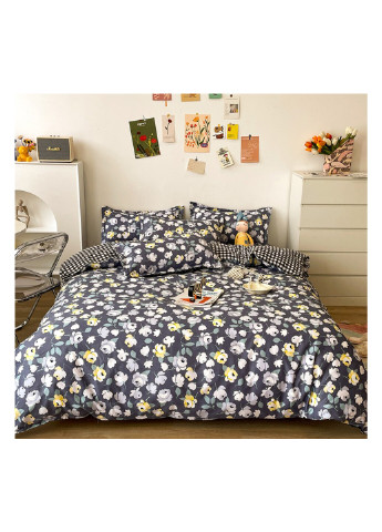 Комплект постельного белья в клетку с цветочным принтом серый Розы (полуторный) Berni Home 59473 (249946528)