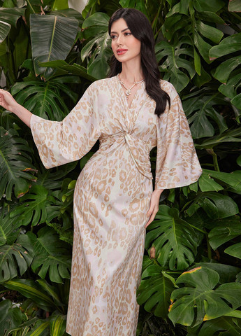 Бежевое кэжуал, праздничный платье а-силуэт SHEIN леопардовый