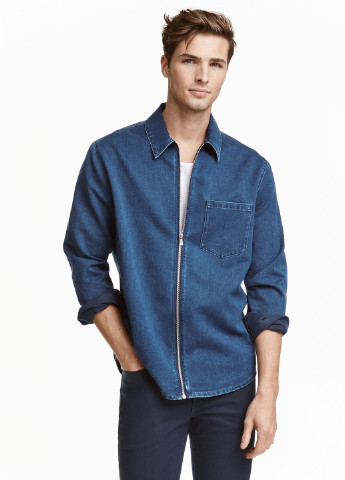 Сорочка H&M однотонна синя джинсова поліестер