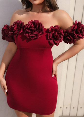 Темно-красное кэжуал платье с открытыми плечами SHEIN однотонное