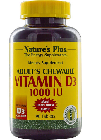Жевательный витамин D3 для взрослых, Вкус ягод, 1000 МЕ,, 90 таблеток Natures Plus (228292943)